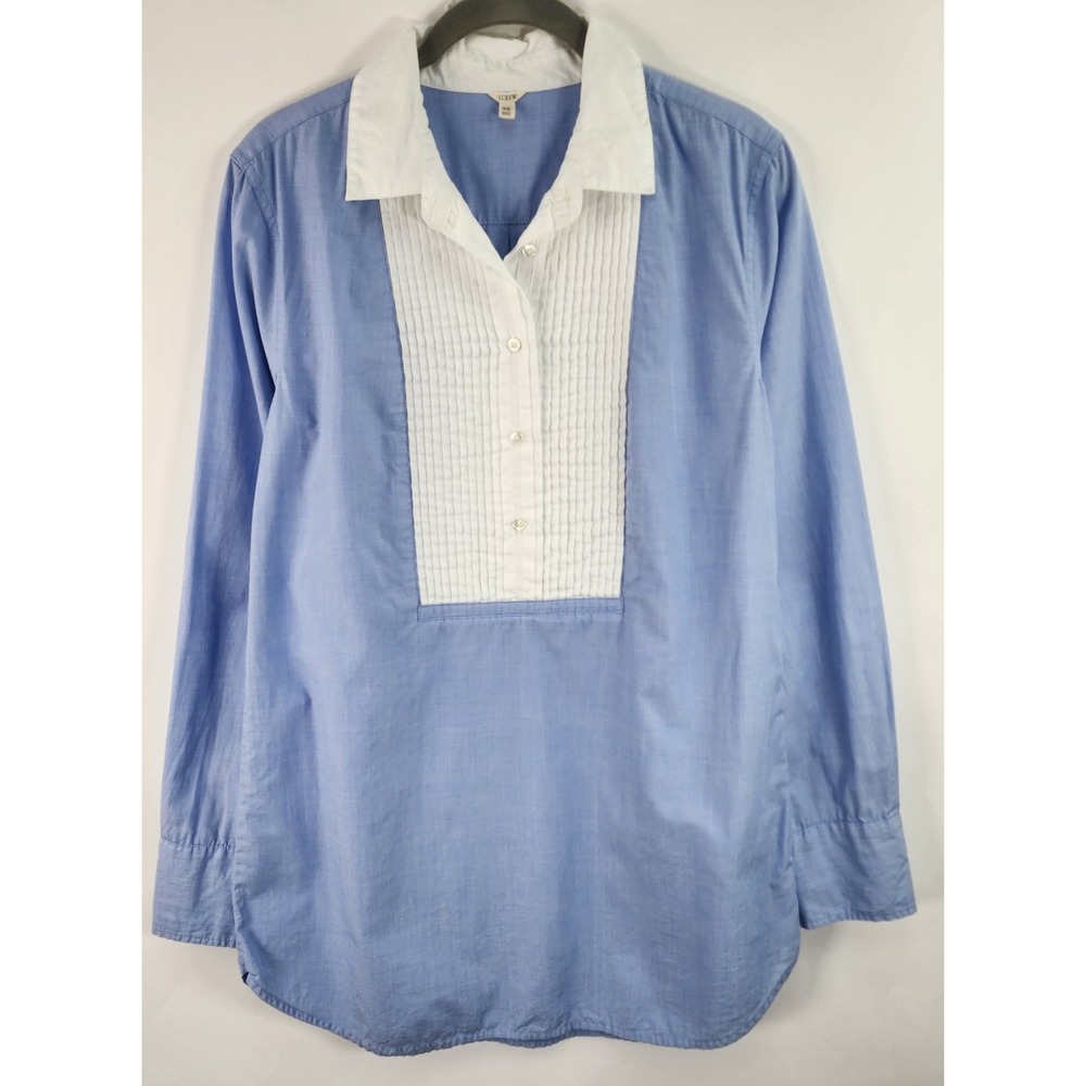 J.Crew Pleated Tuxedo Popover Top Women's XS Blue White Half Button Up Heritage